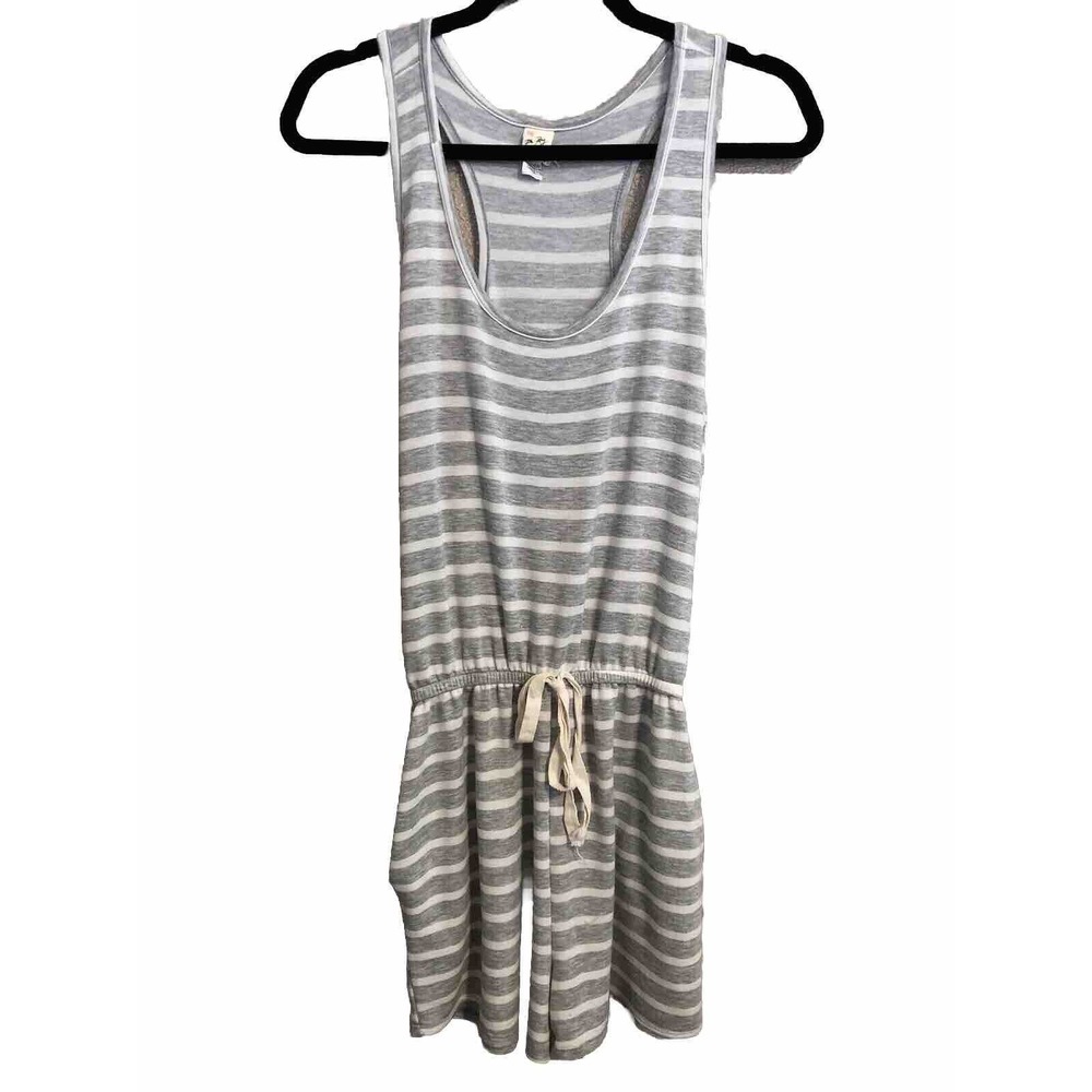 7th Ray Womens Large Sleeveless Tank Gray Grey Striped Lounge Romper Pockets